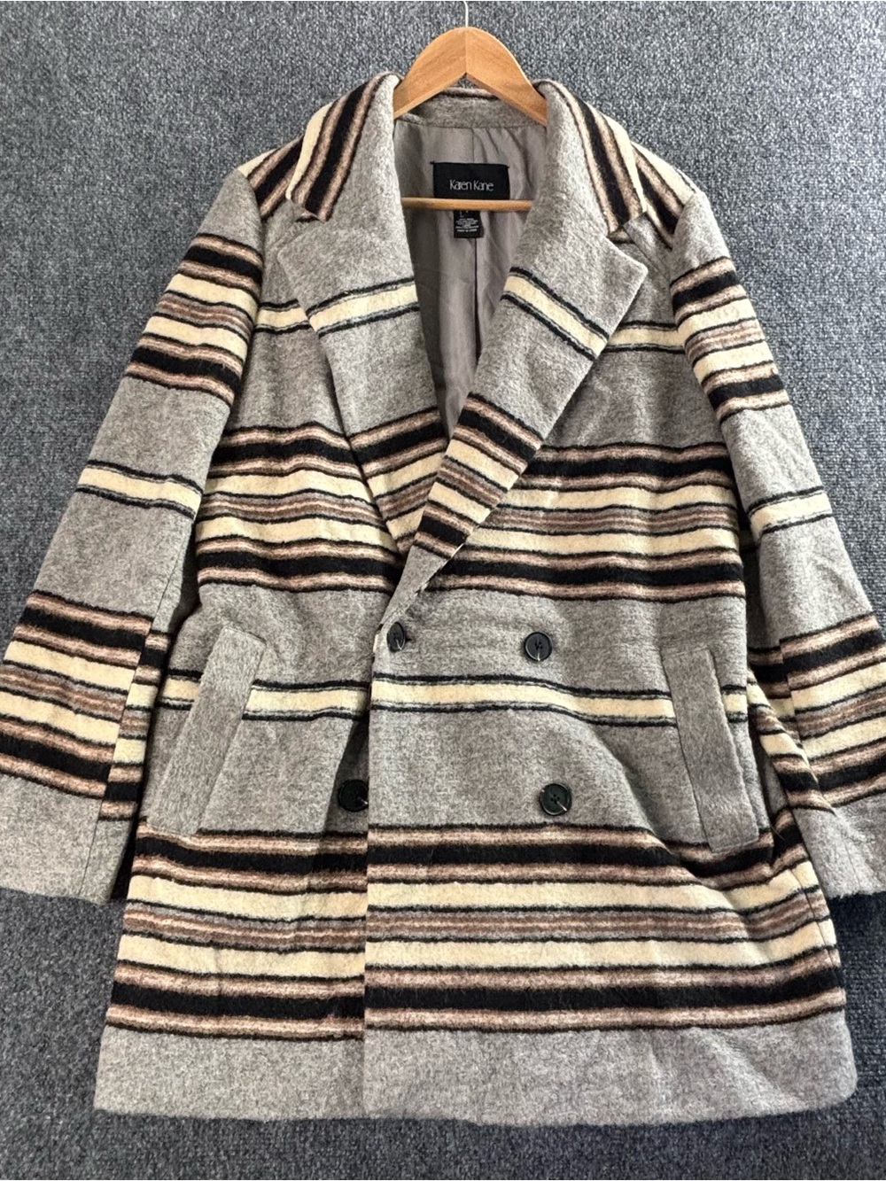 Karen Kane Double-Breasted Striped Wool Pea Coat in Gray and Tan